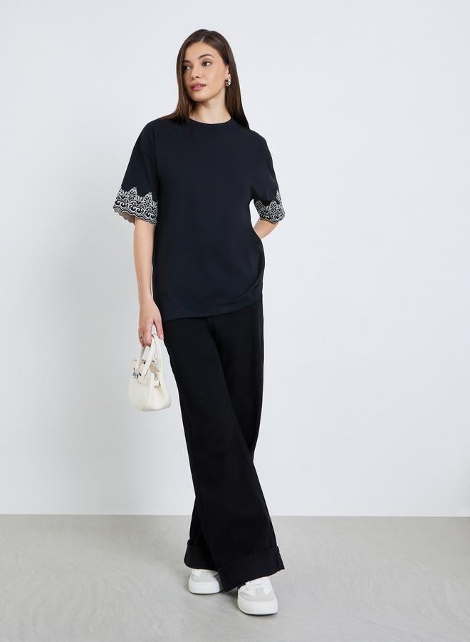 Styli Women Black Embroidered Sleeve Oversized T-Shirt - Image 2